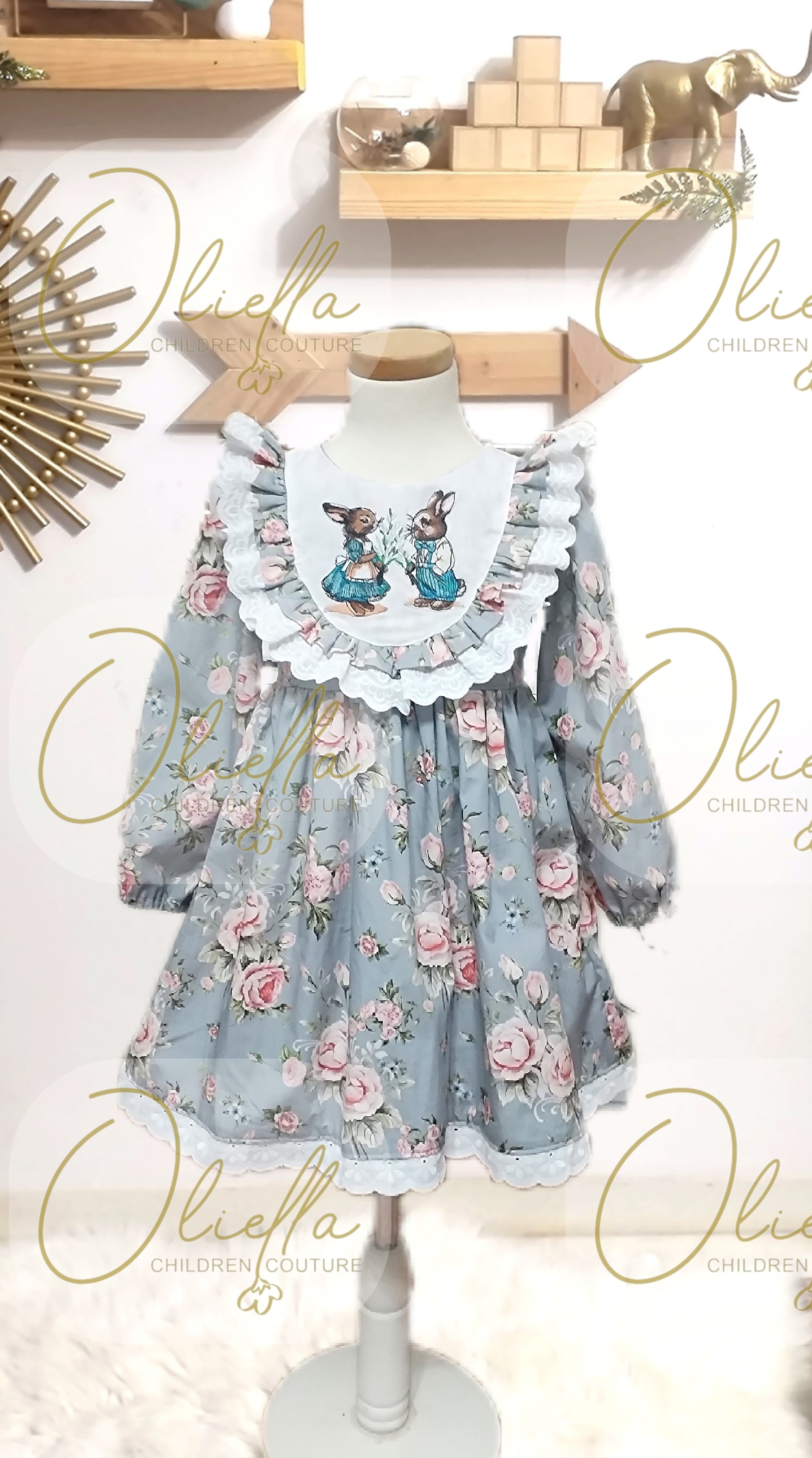 Pure cotton floral dress with eyelet embroidered cotton lace and machine embroidered bunnies. 