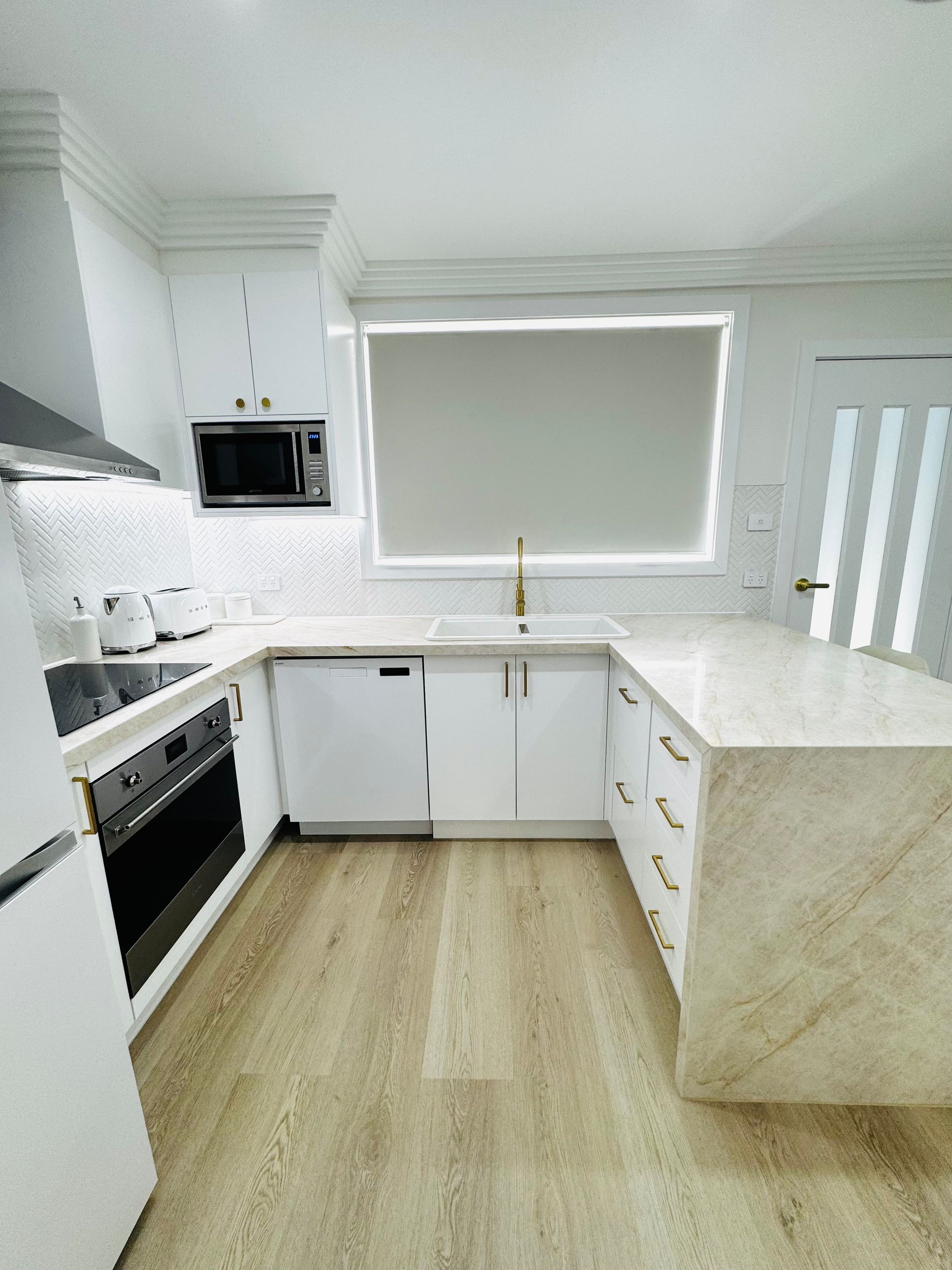 White Polyurethane Doors with brass handles - 40mm Taj Mahal stone