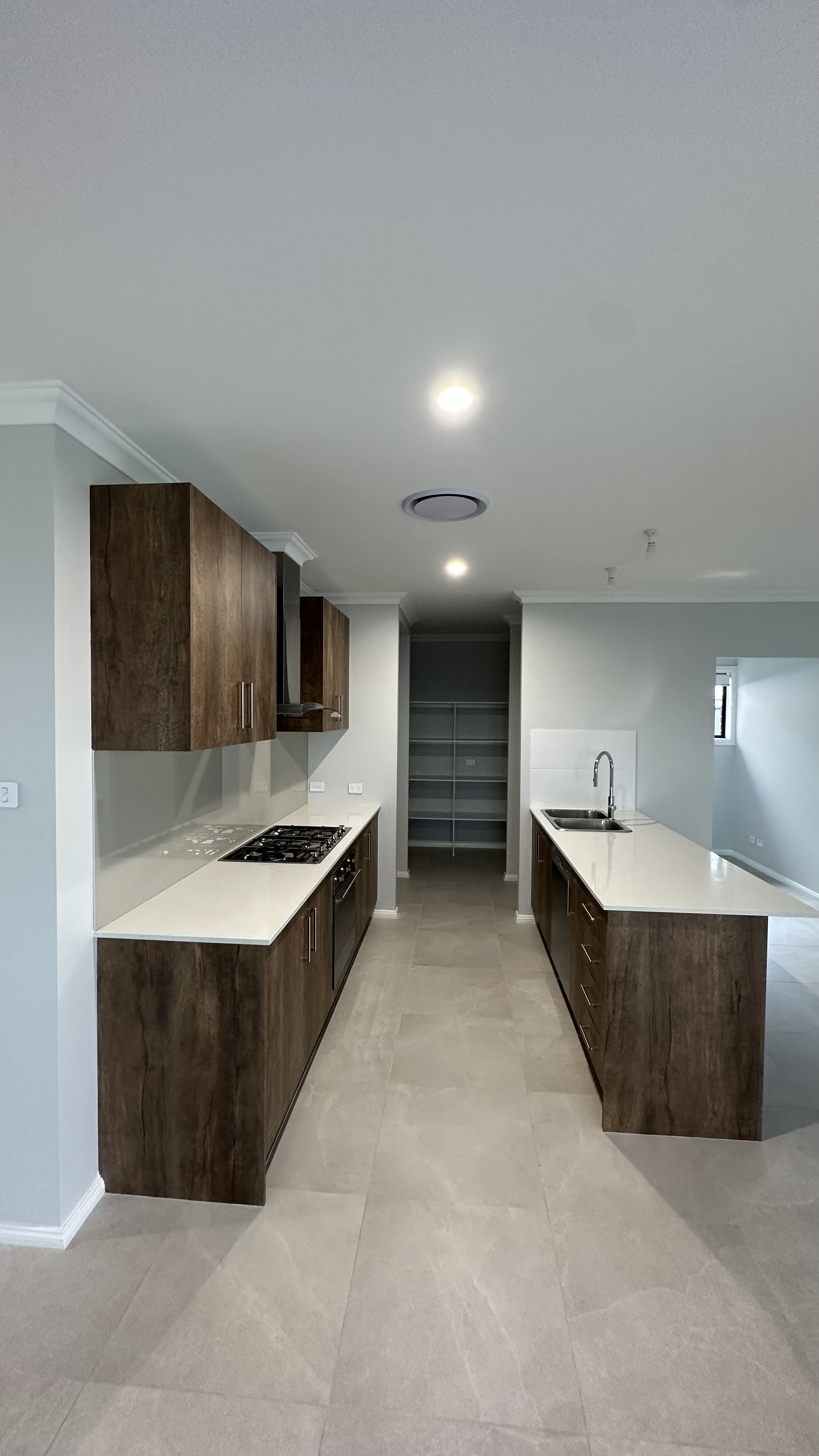 Wood laminate kitchen - 20mm white stone Benchtop