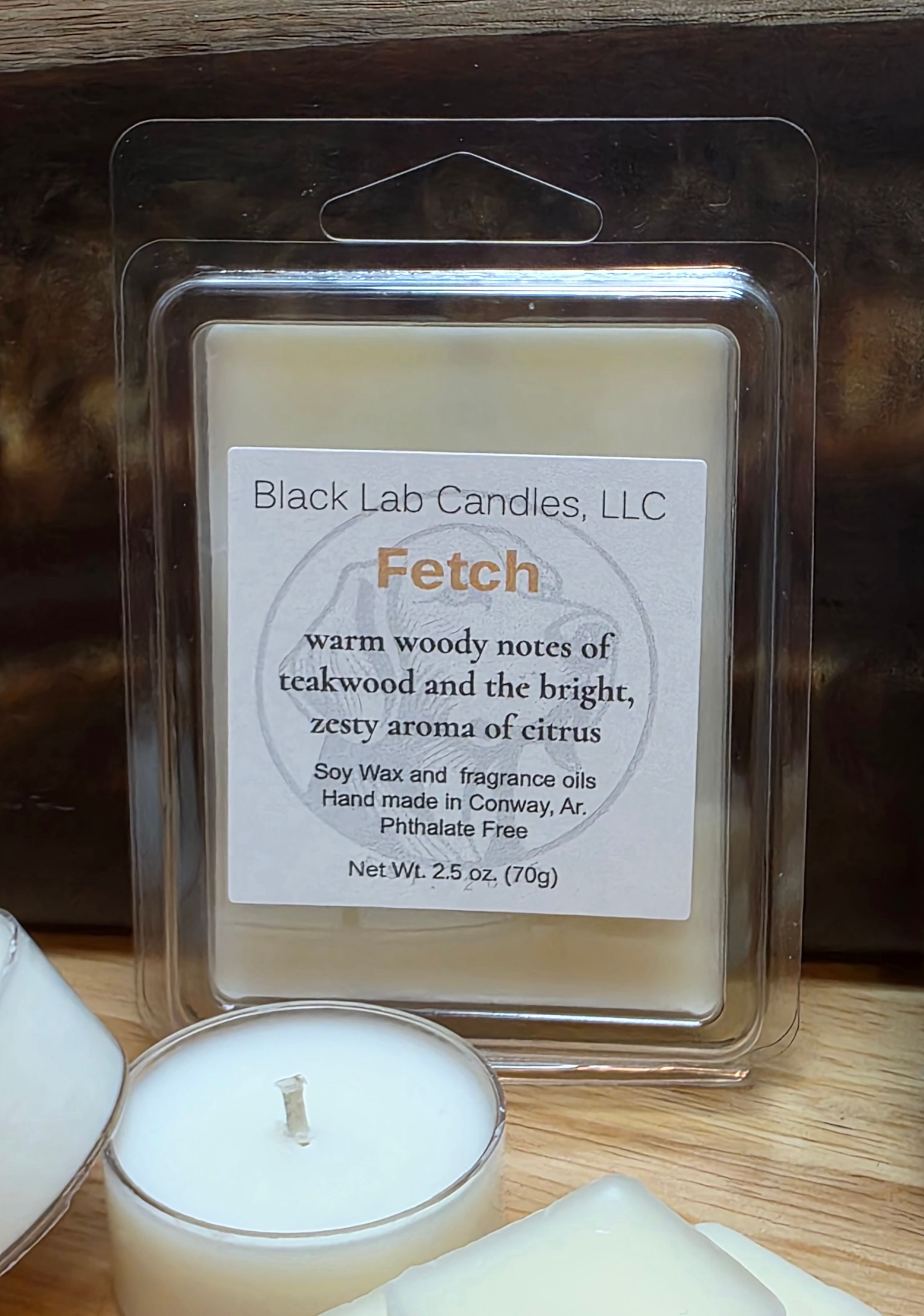 Fetch wax melt with teakwood and citrus – warm, woodsy, hand‑poured soy wax melt