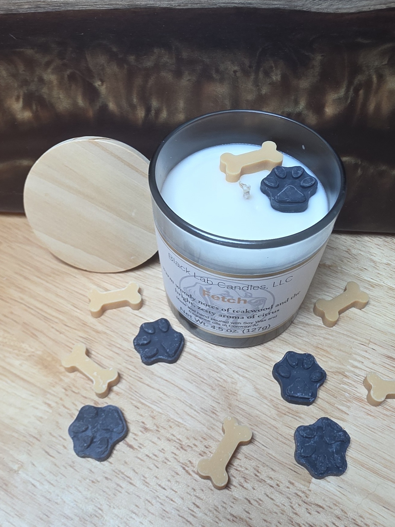 Fetch soy candle with teakwood and citrus – warm, woodsy, hand‑poured candle