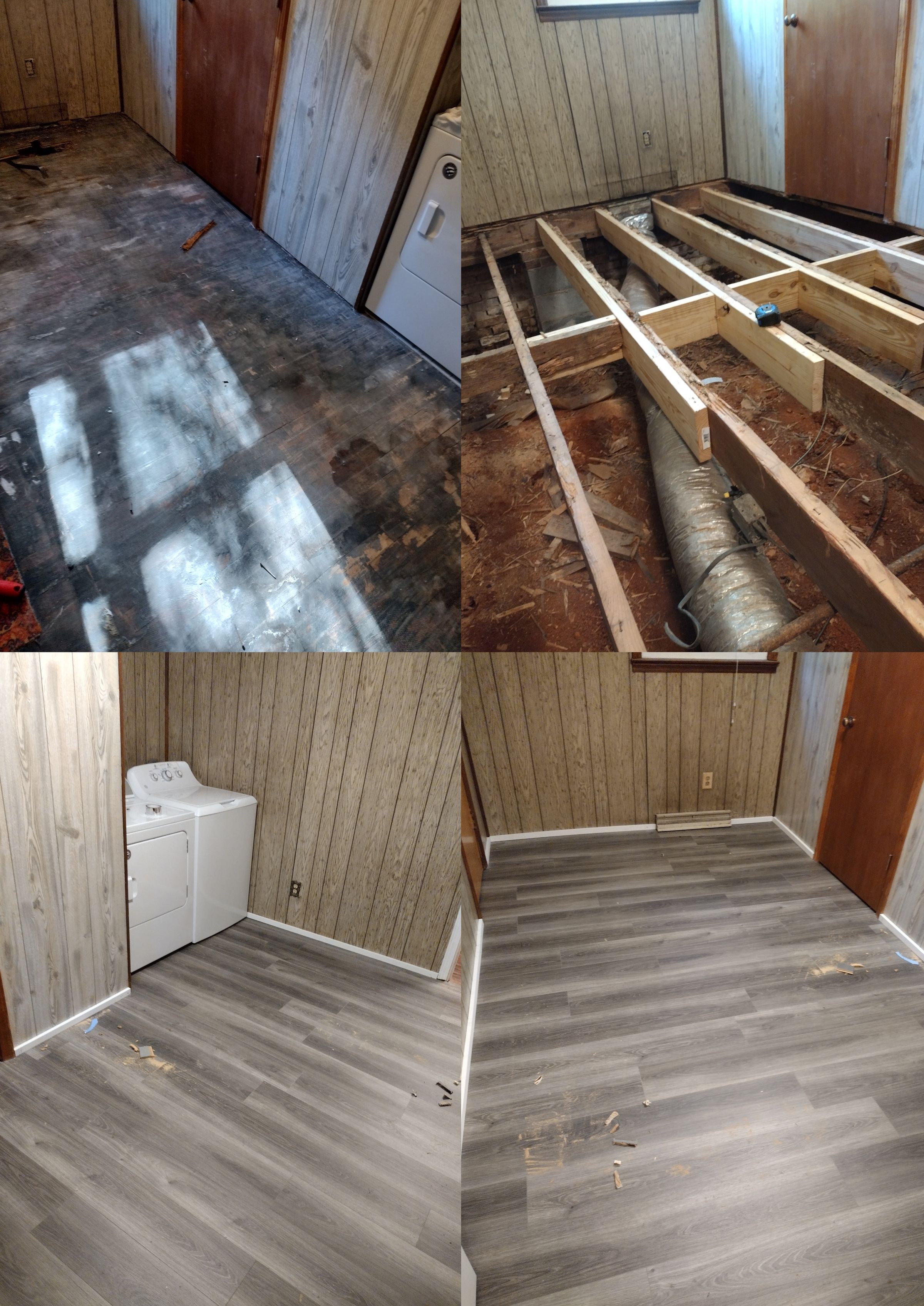 subfloor & main floor was rotted from old water damage sistered in some joist to even the floor out and add stability installed new subflooring & main floor with trim molding  was  