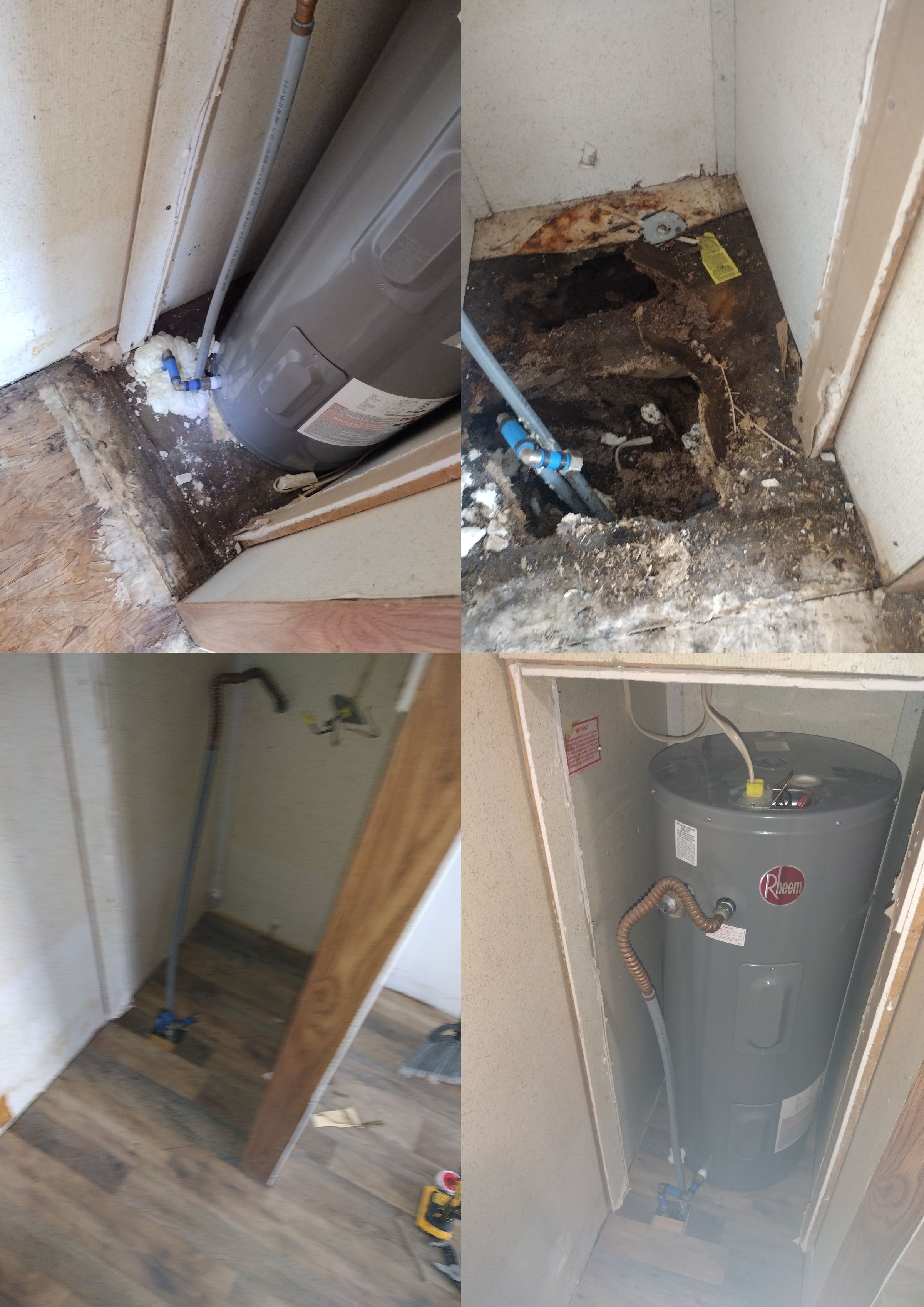 water heater had been leaking and rotted out the floor, pull it out fixed leak replaced subfloor & main floor  