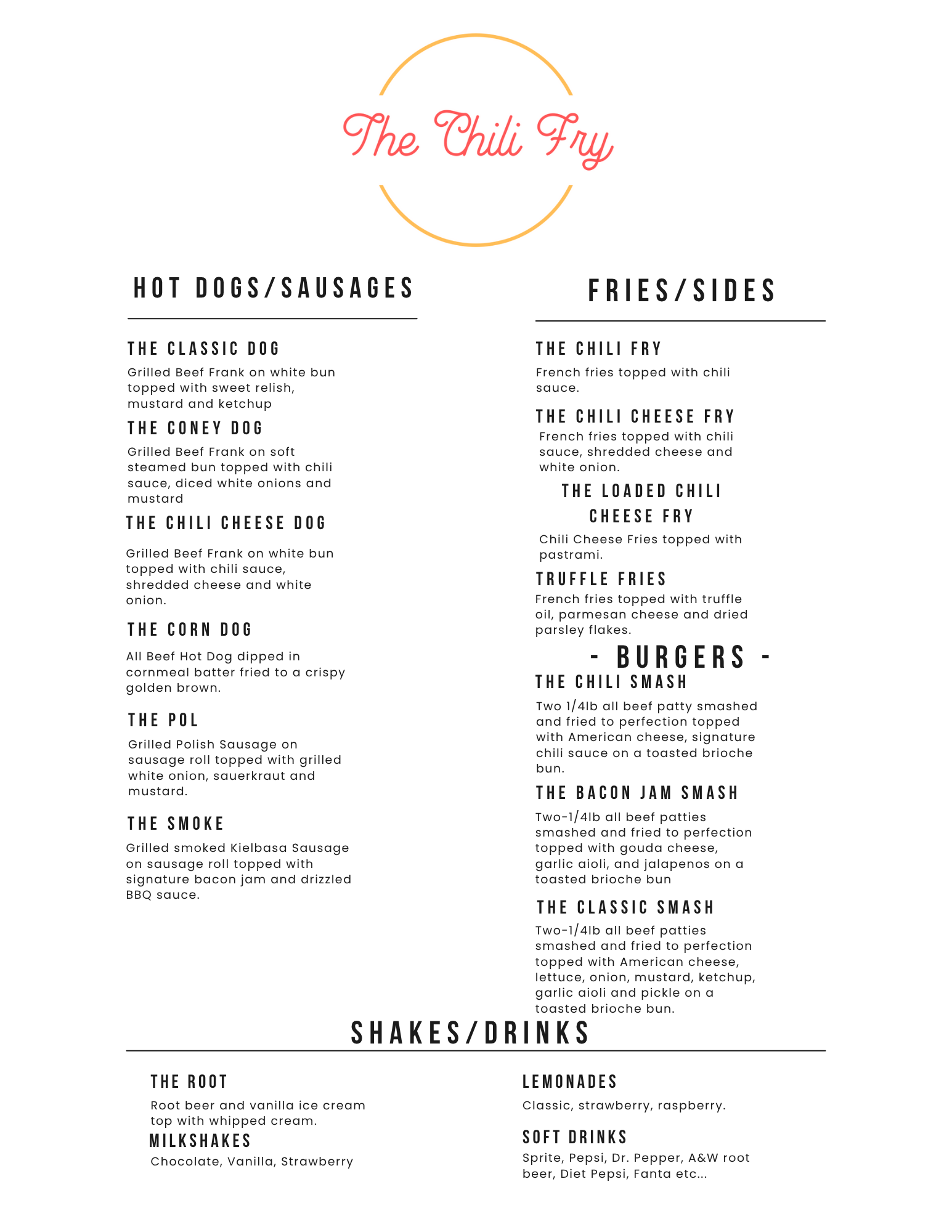 Chili Fry Menu
