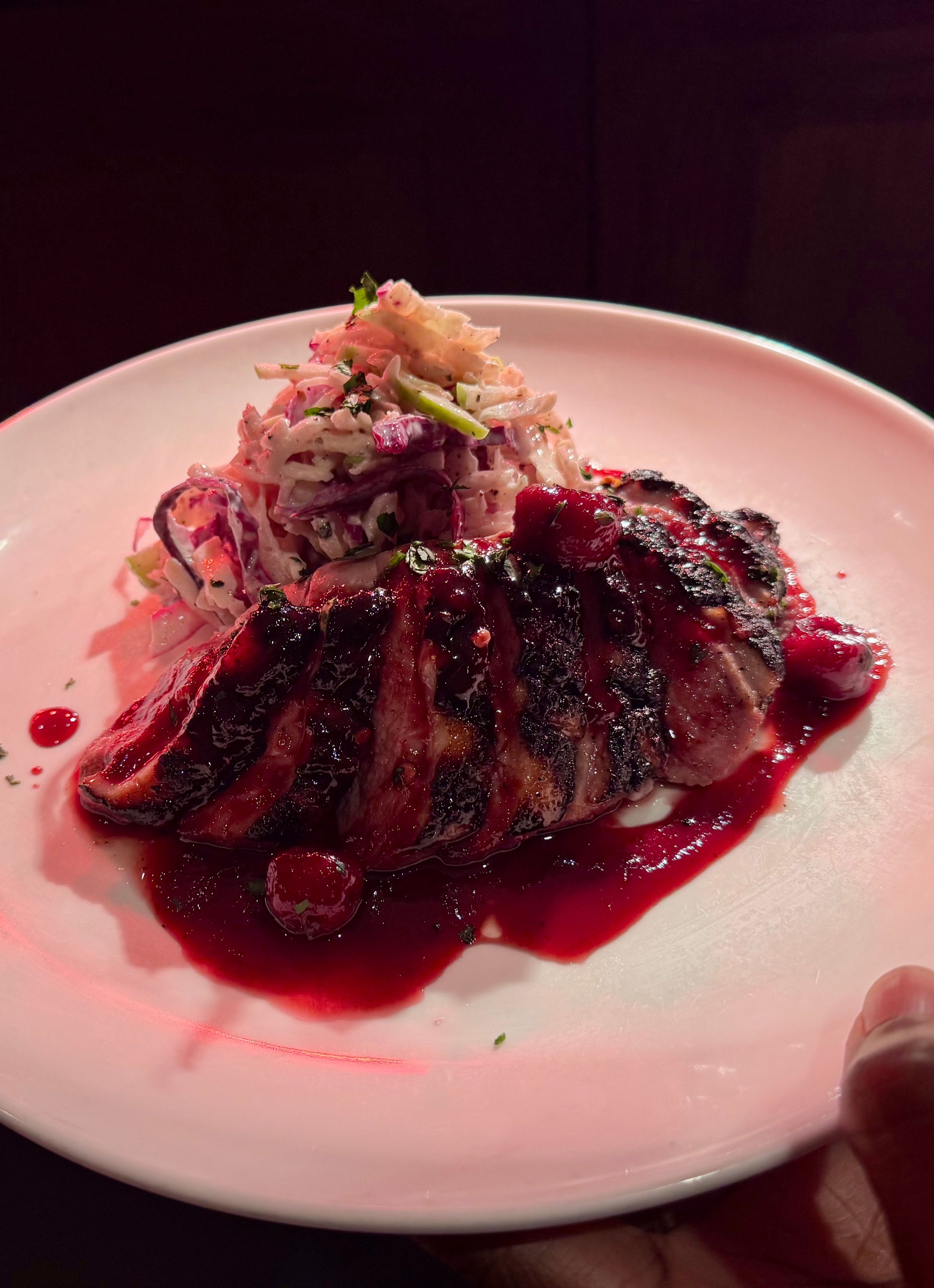 Pan Seared Duck Breast With a Cherry Gastrique And Celery Root Slaw