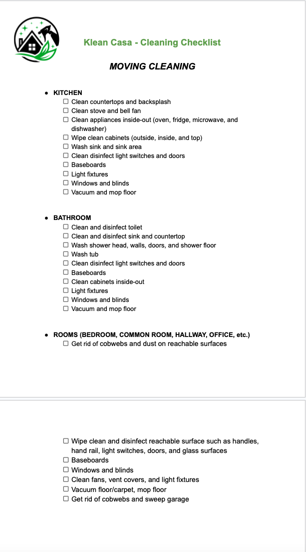 Moving Cleaning Checklist