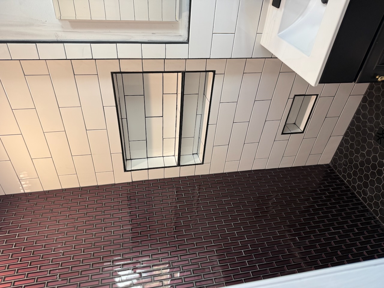 Burgundy Subway Tile Shower Wall