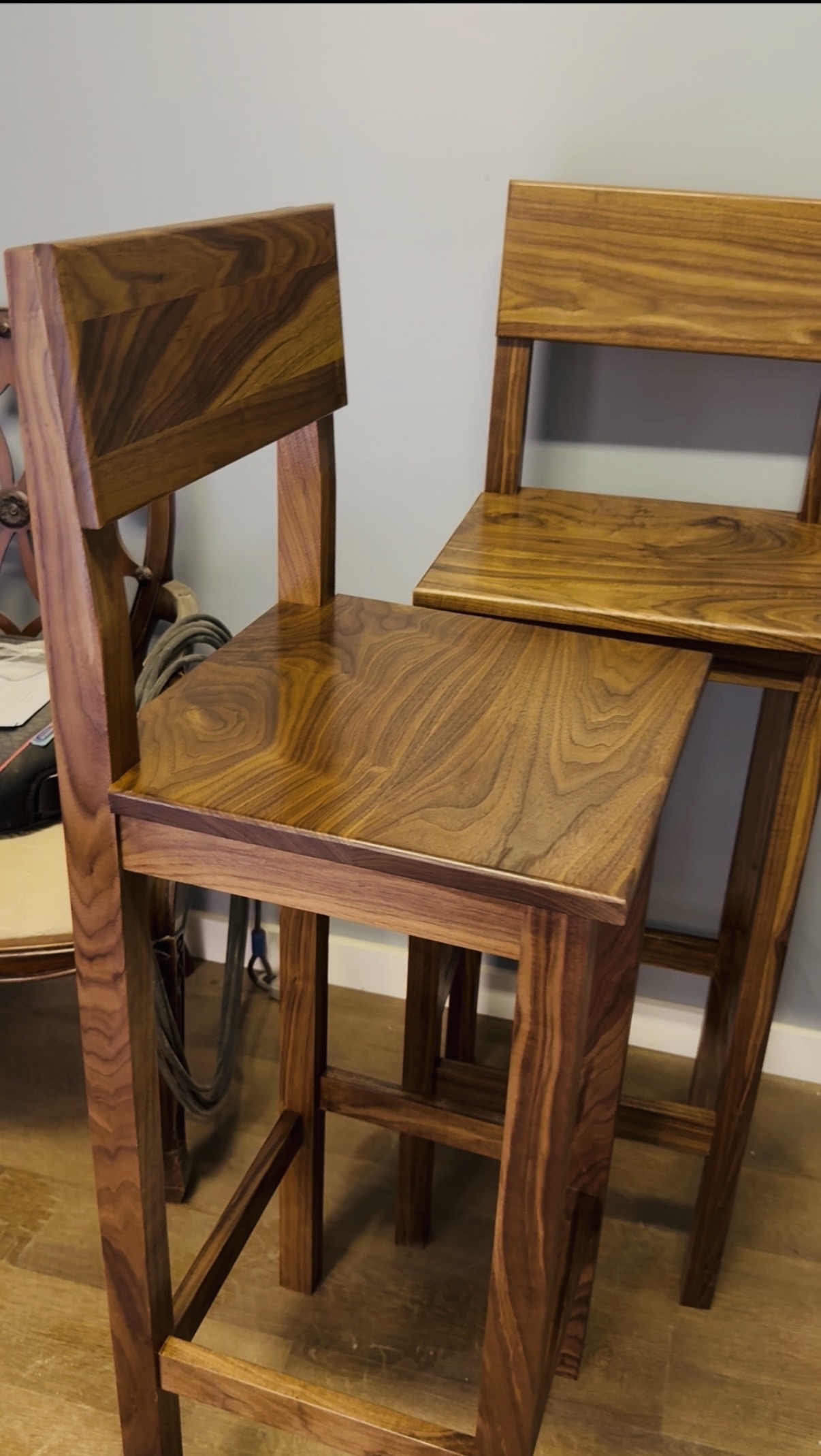 Custom built walnut barstools for the walnut kitchen in Murrels 