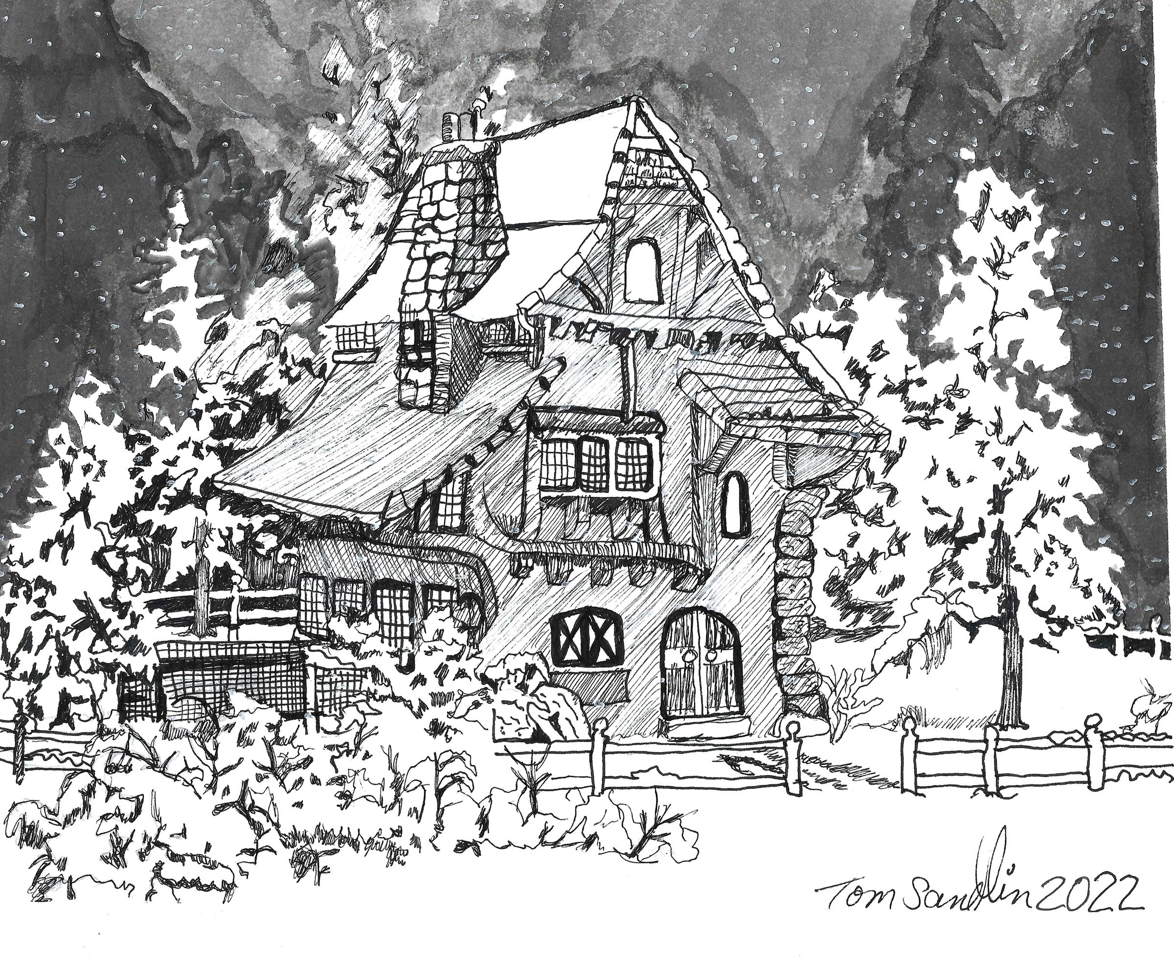 Swill Shalet in winter time Pen and Ink wiyh Watercolocolors