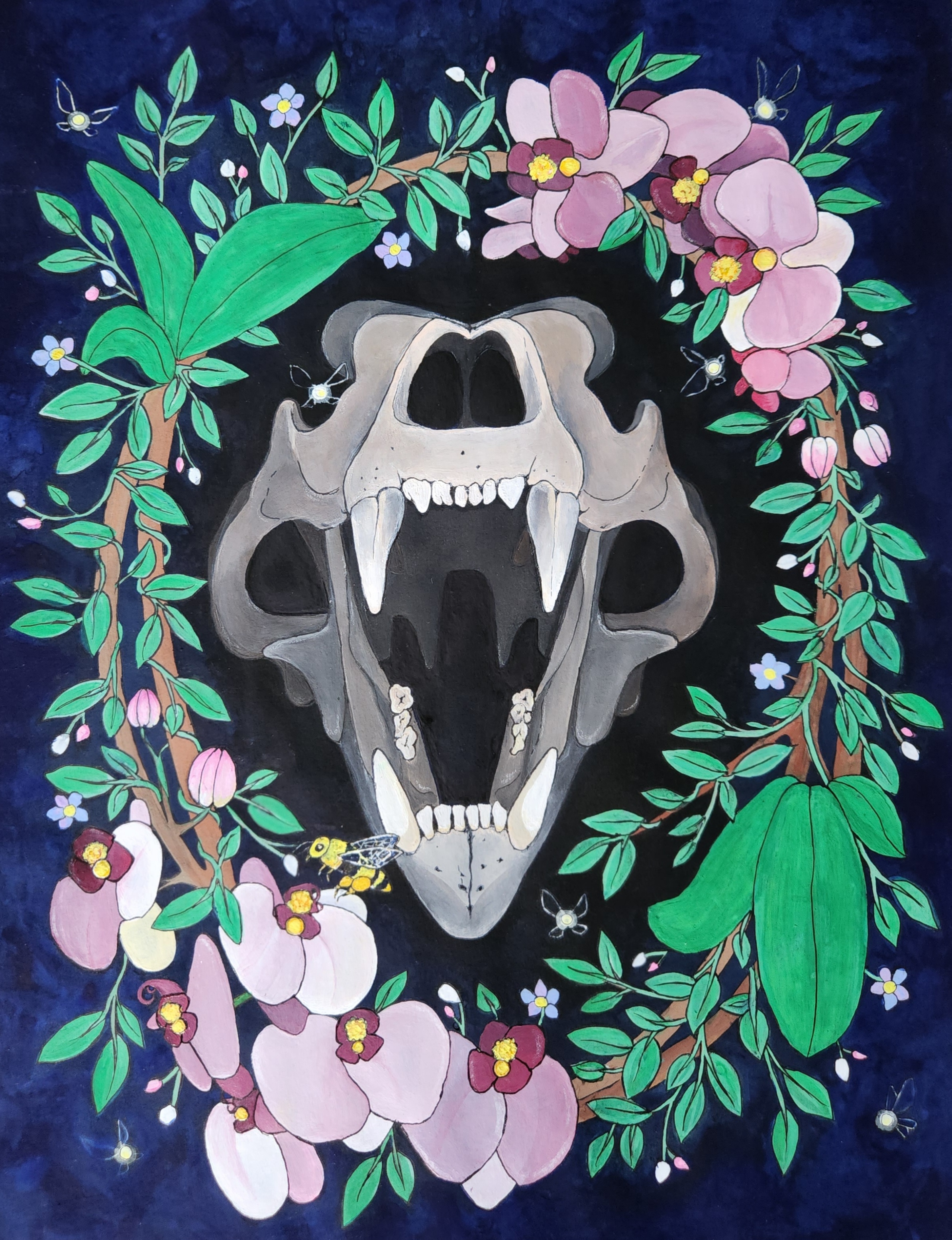 Bear Skull with Orchids