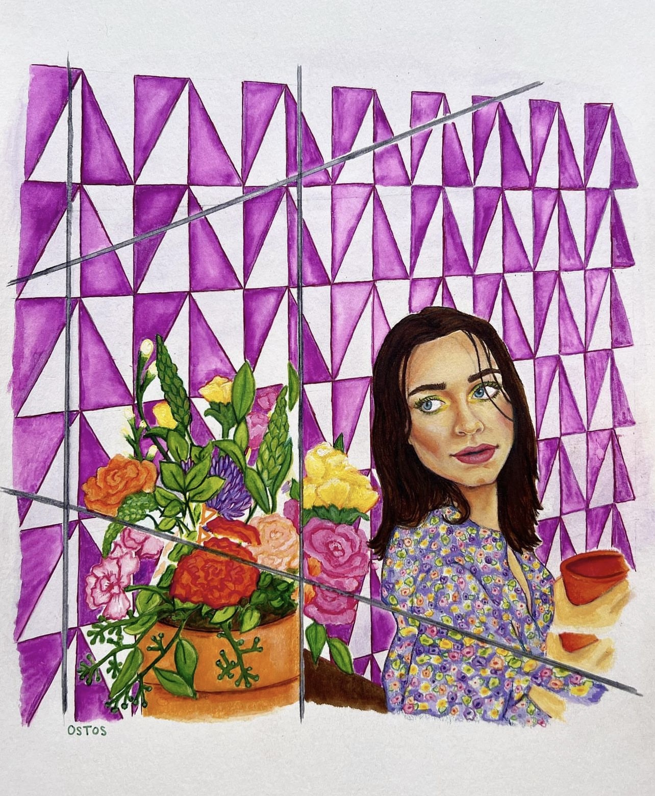 watercolor, watercolor marker, acrylic paint, and color pencil