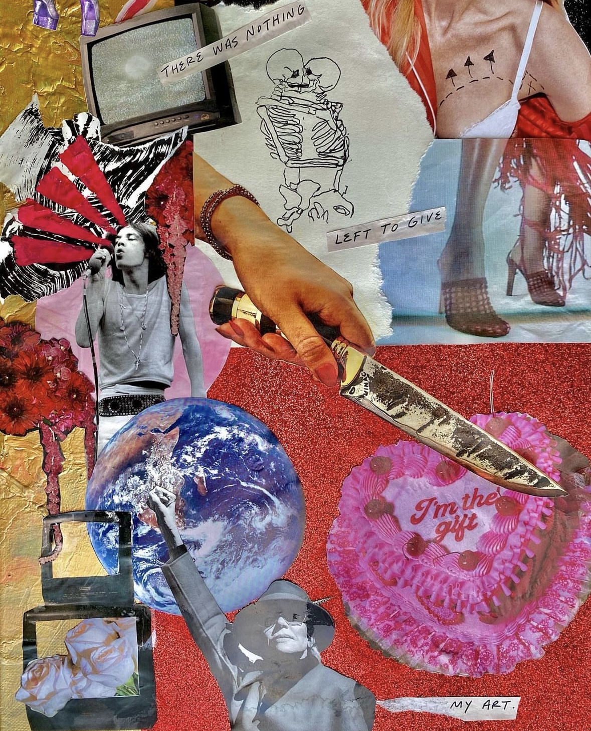 Rolling Stone & Cosmopolitan magazine photos, pen, acrylic paint, and glitter paper glued on canvas