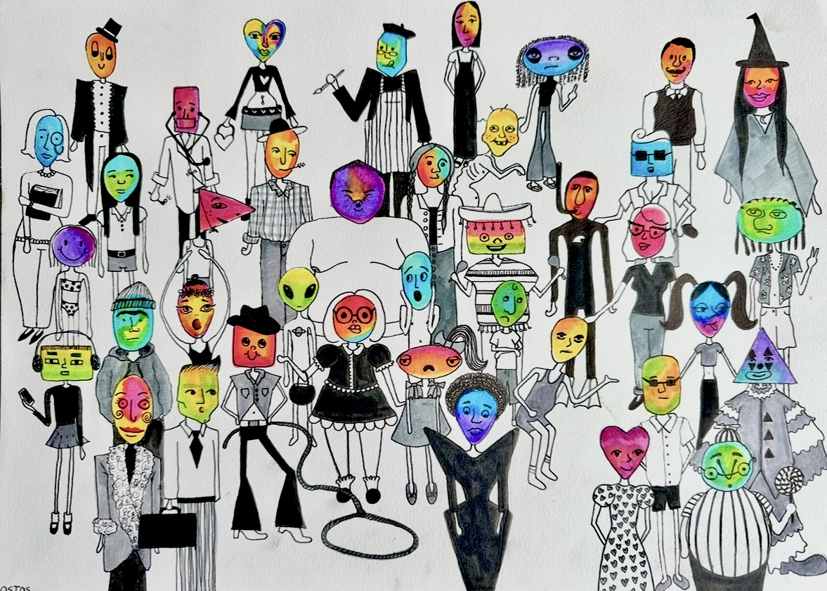 Watercolor markers and pen on paper