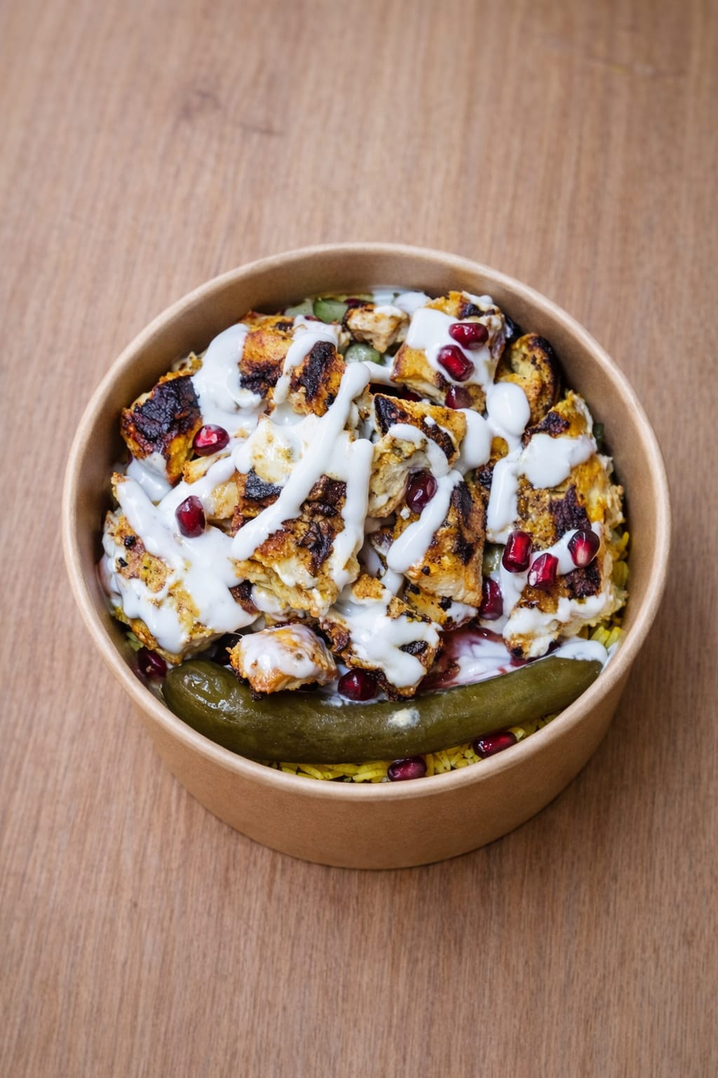 served over yellow rice with dill pickles, tomatoes, cucumbers, fresh pomegranate seeds, and garlic sauce.