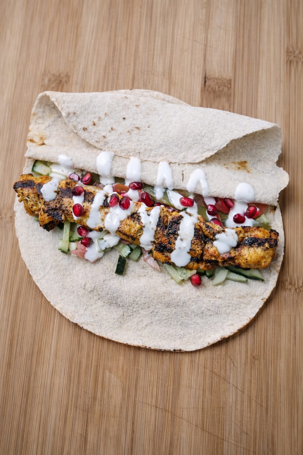 served in a fresh pita bread with dill pickles, tomatoes, cucumbers, fresh pomegranate seeds, and garlic sauce.