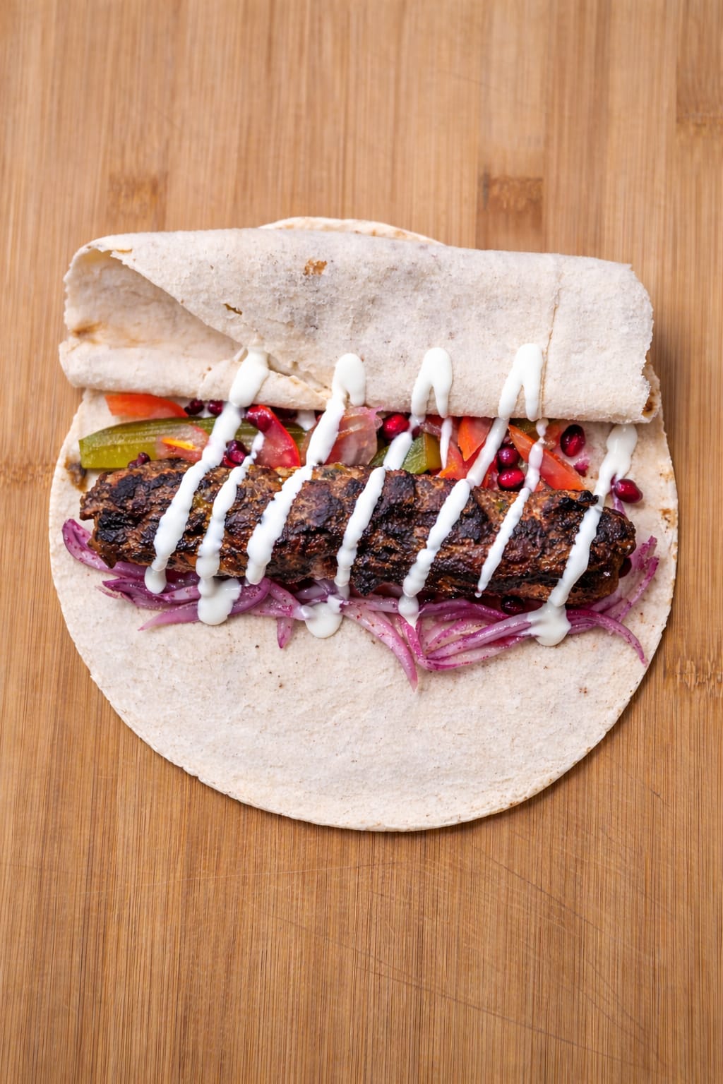 served in fresh pita bread with dill pickles, tomatoes, sumac onions, fresh pomegranate seeds, and tahini sauce.