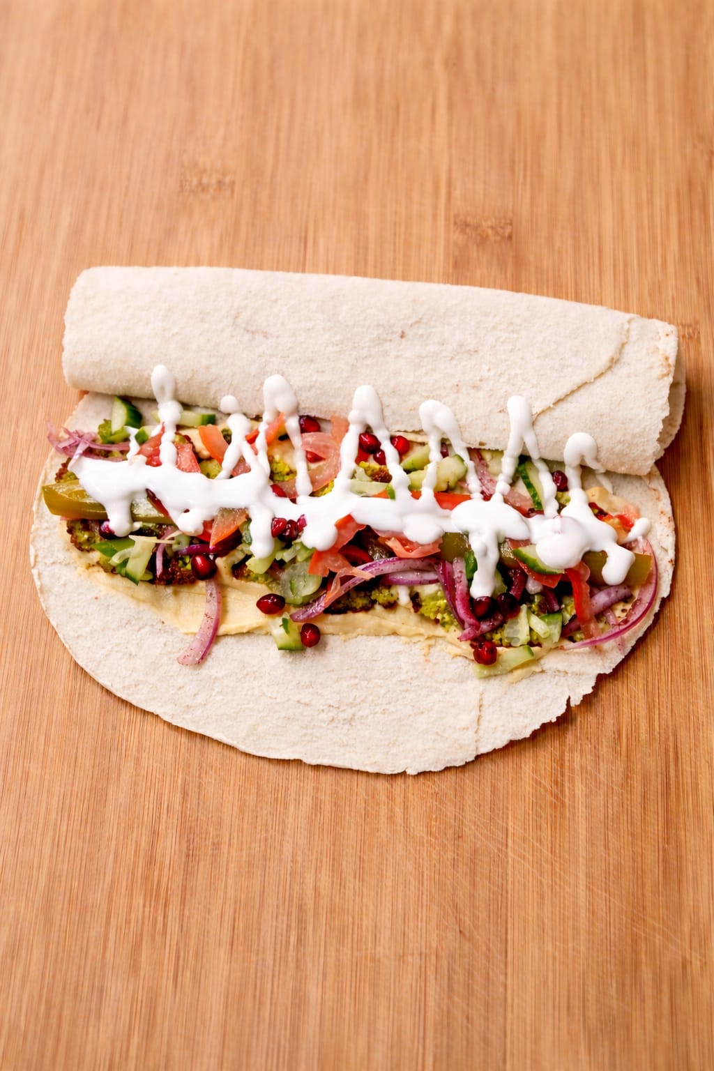 served with classic hummus, dill pickles, tomatoes, cucumbers, sumac onions, fresh pomegranate seeds, and tahini & garlic sauces.