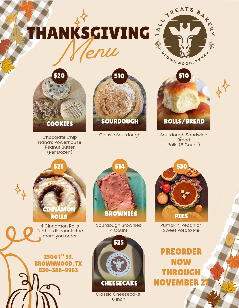 2025 Tall Treats Bakery Thanksgiving Menu