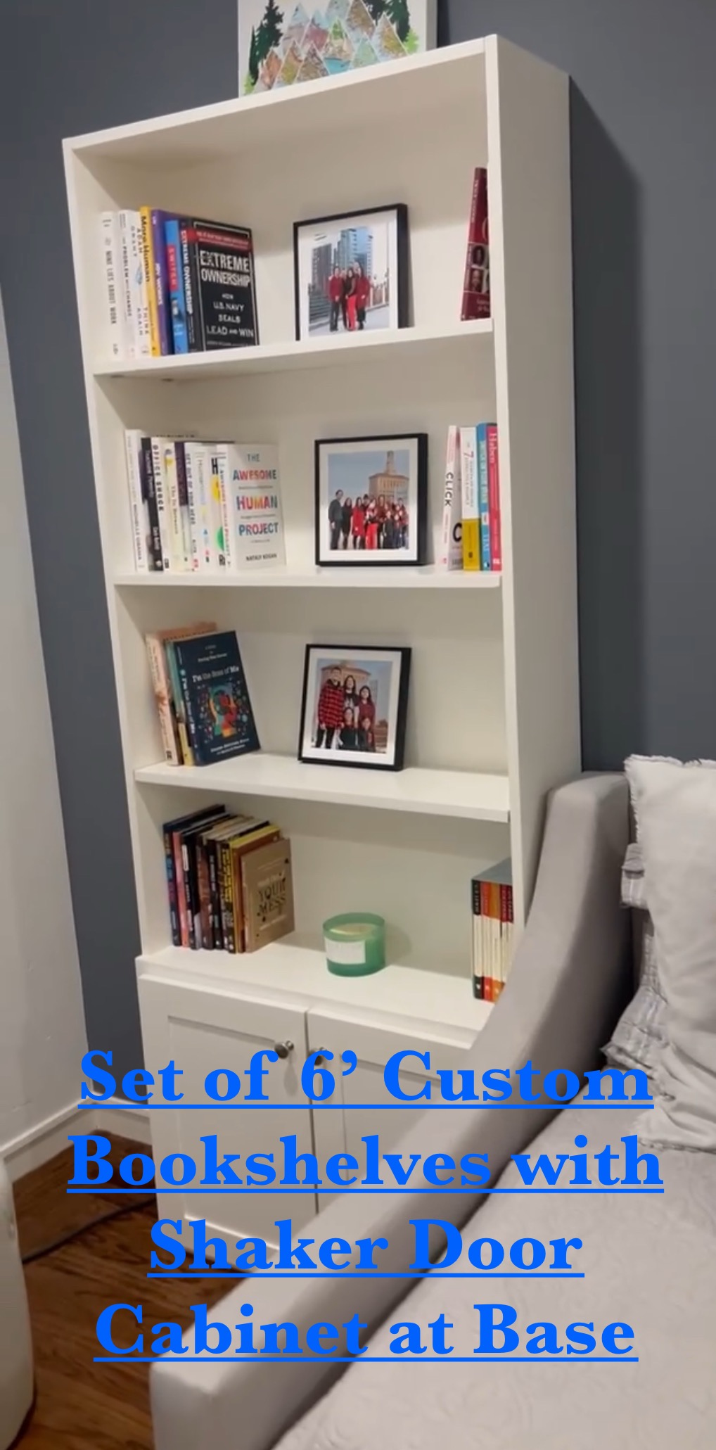 Custom 6' (4) Shelf Bookcase w/Shaker Door Cabinet at Base (East Foothills)