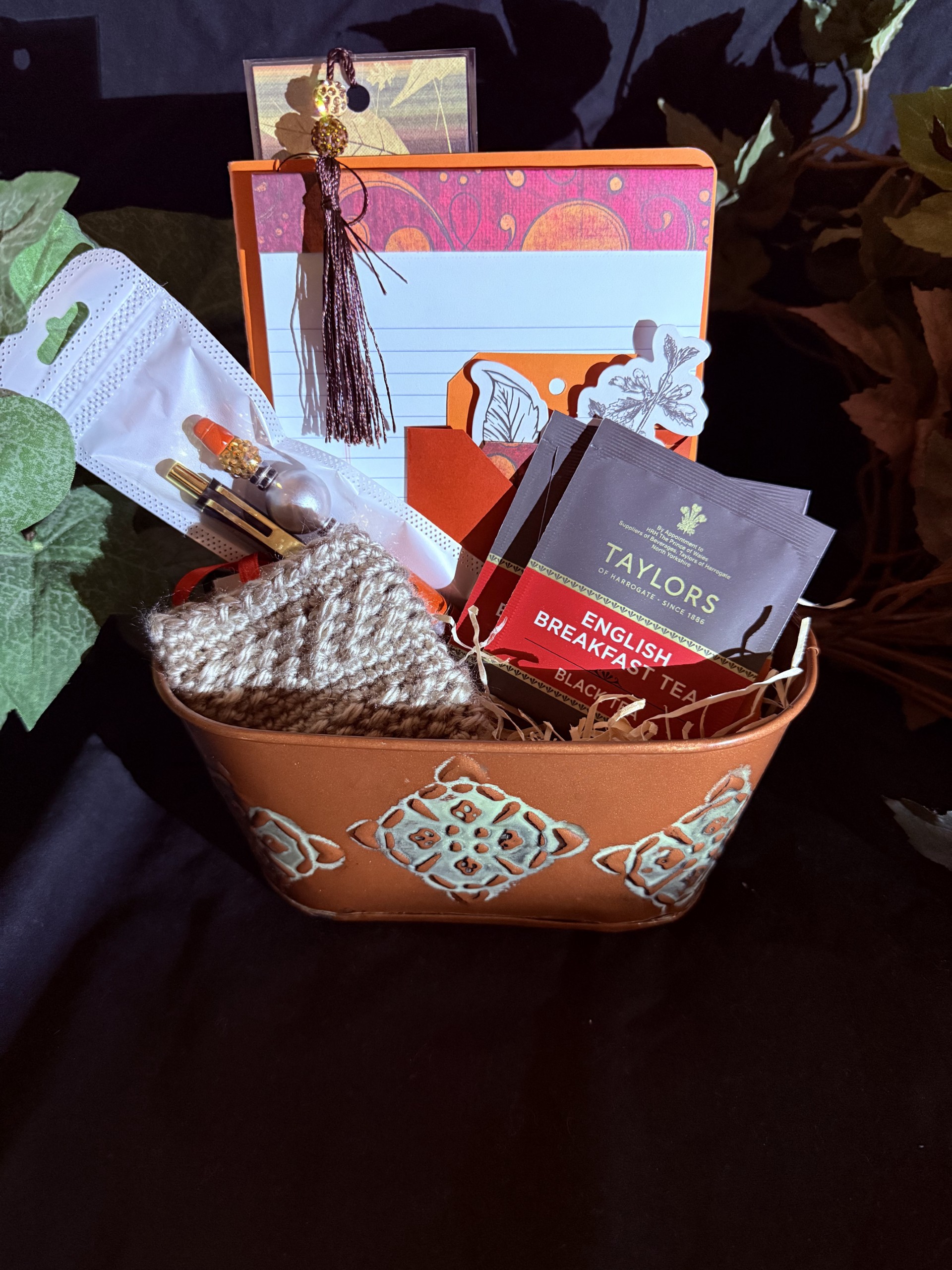 Junk Journal, pens, coffee cozy, tea, notebooks