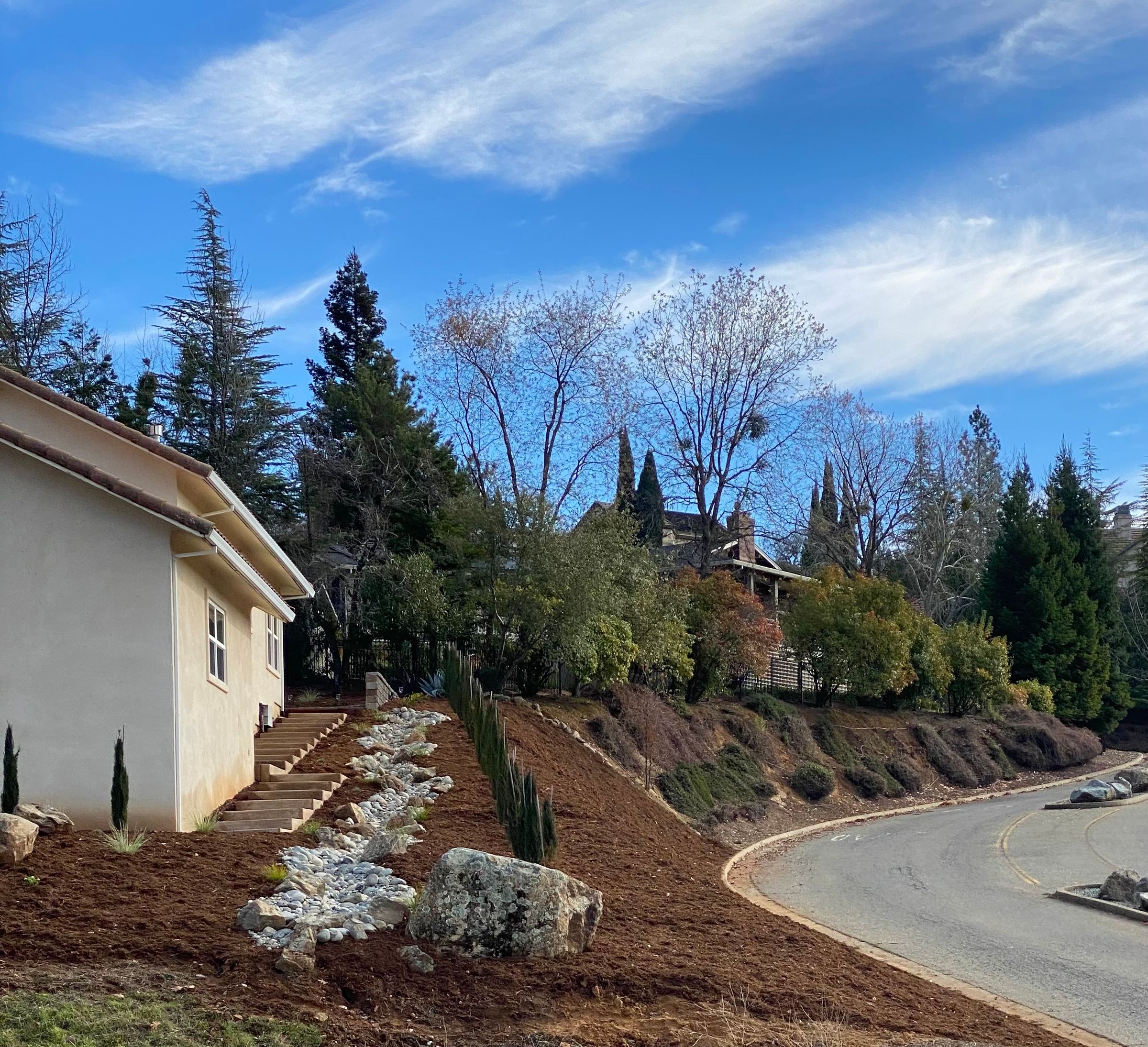 CONCRETE STEPS, DRY CREEK, TREE PLANTING, BOULDER PLACEMENT