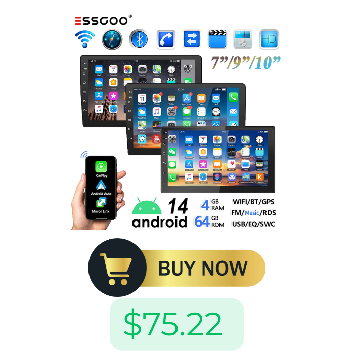 ESSGOO 7"/9"/10“ 2 DIN Android 14 4+64G Car Stereo Carplay Android Auto GPS Navi Bluetooth FM RDS Radio WIFI Touchscreen ChatGPT